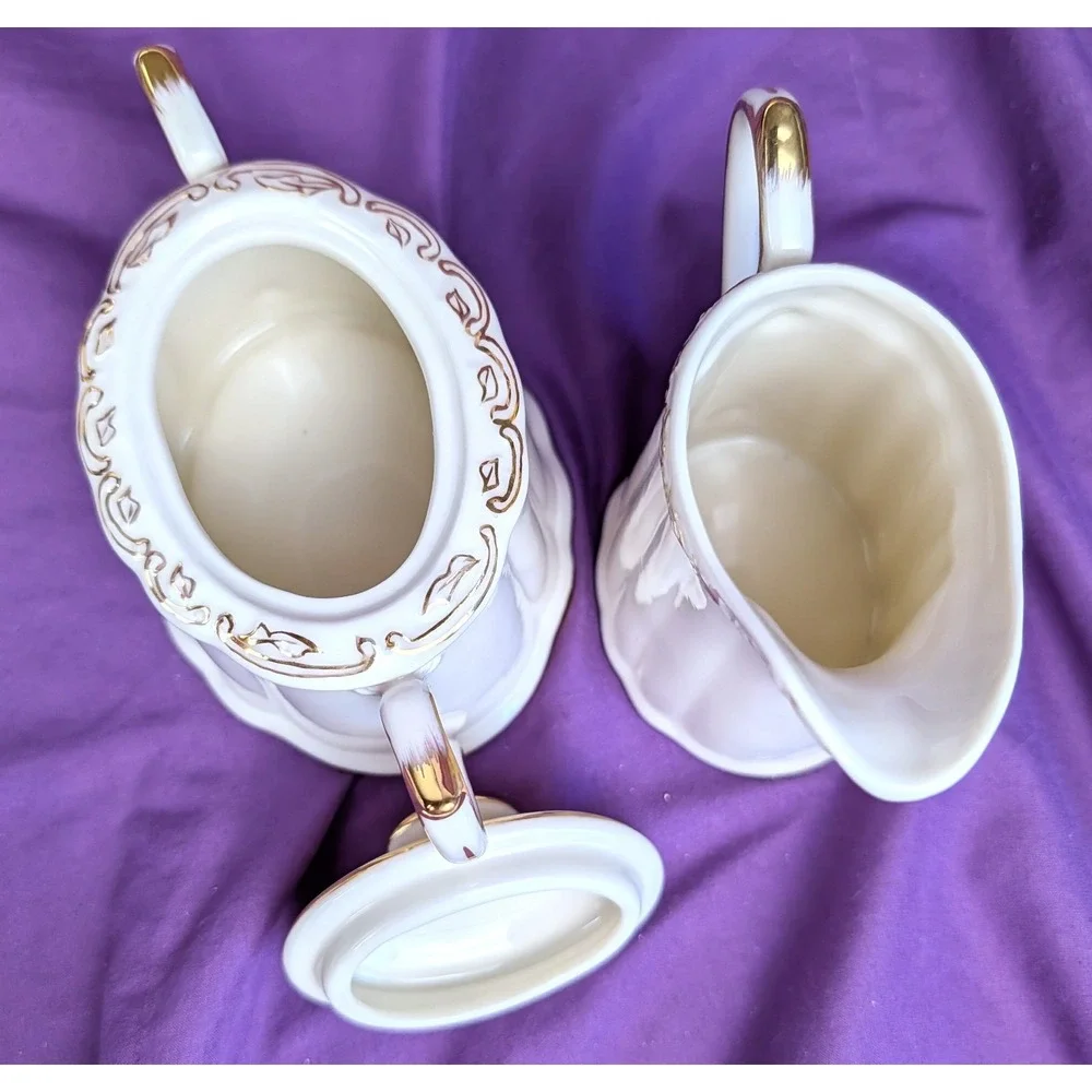 Olympia Creamer & Sugar Bowl With Lid Set White With gold trim Ribbed Oval NIB